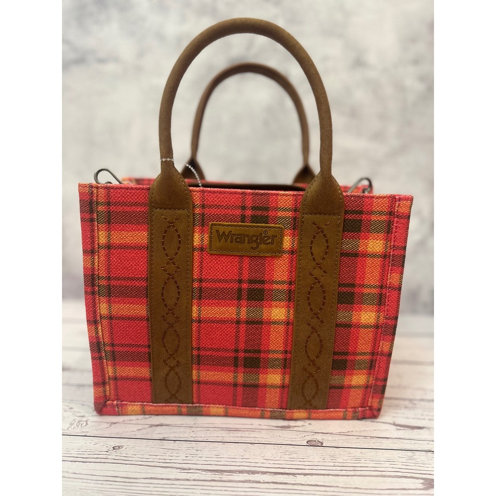 Wrangler Red Orange Plaid Canvas Tote Bag Crossbody Handbag Western